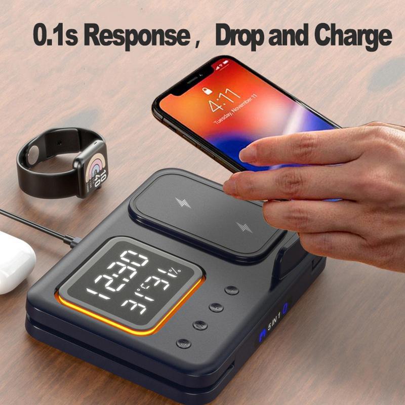 15W Wireless Chargers Stand 5 In1 LED Digital Alarm Clock Fast Charging Dock Station